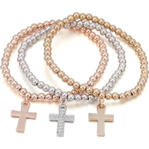 New 3Pcs Gold Crystal Cross Charm Bracelet Rose Gold Color Elastic Bracelet Religion Jesus Men Women Vintage Jewelry Wholesale