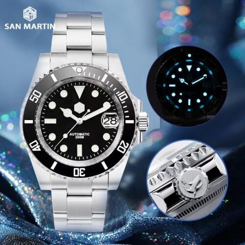 San Martin Mens Diver Water Ghost Luxury Sapphire Crystal Mechanical Watches Ceramic Bezel 200m Luminous Date Automatic Watch