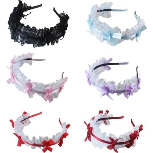 K3NF Women Ruffles Lace Hair Hoop with Mesh Headband Ribbon Bow Lolita Cosplay Props Maid Anime Headdress Accessories