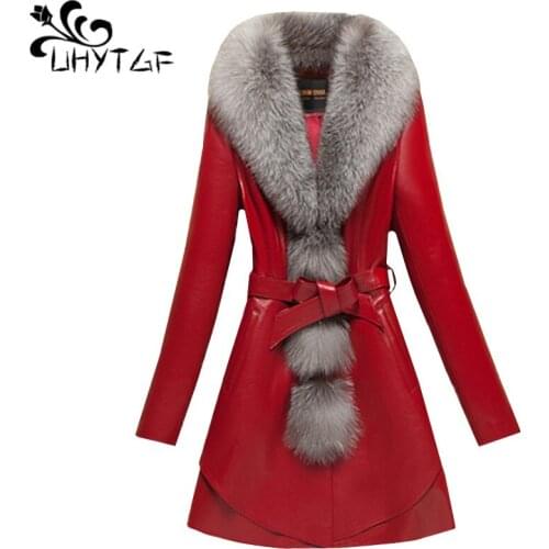 UHYTGF Quality PU leather winter leather jacket Imitation Fox fur collar Slim warm tops Washed leather casual plus size coat 938