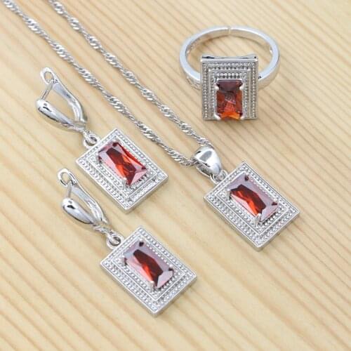 Square Garnet 925 Sterling Silver Bridal Jewelry Set Earrings Ring Pendant Chain for Women Birthday Gift