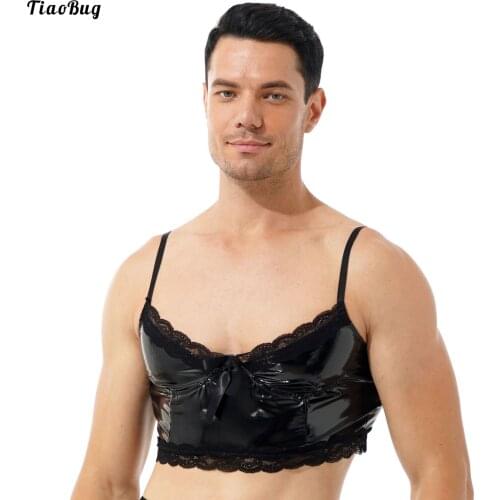 TiaoBug Gay Men Gothic Patent Leather Crop Top Summer Punk Sissy Lace Trim Bowknot Sleeveless Vest Tops For Rock Concert Club