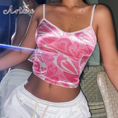 ArtSu Pink Cute Crop Tops for Women Y2K Streetwear Heart Sexy Backless Strap Tops Club Casual Sleeveless Basic Camis Top Corset