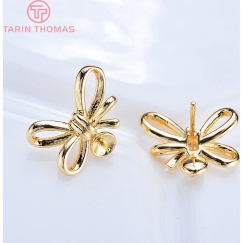 4PCS 12x18MM 24K Gold Color Plated Brass Bow Knot Stud Earrings High Quality DIY Jewelry Making Findings