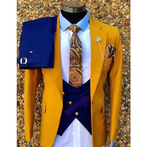 Fashion Wedding Suit For Men Yellow Coat With Blue Vest Pants Slim Fit 3 Piece Formal Best Man Party Custom Made Plus Size Suits
