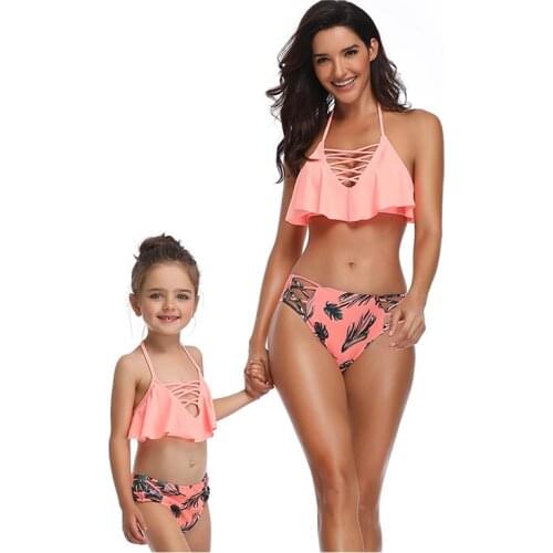 2021 New Summer One-Piece Mommy And Me Swimsuit One Shoulder Cut Out Swimsuit Mother And Daughter Print Family Matching Swimwear