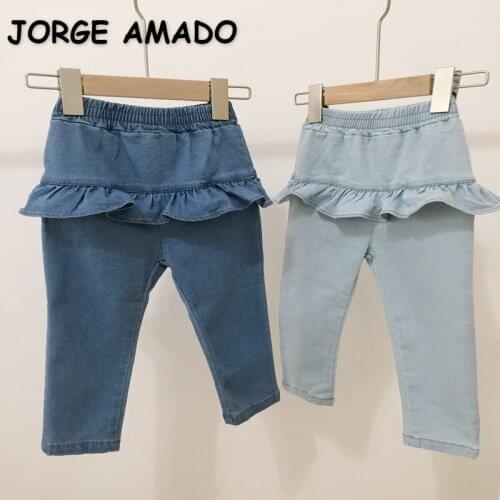 2021 New Spring Teenagers Girls Jeans Solid Color Elastic Waist Ruffles Pantskirt Kids Pants E20631
