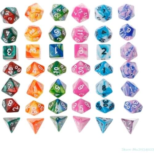 New 7pcs/set Polyhedron 2-color D&D Dice with Marbled Effect D4 D6 D8 D10 D10% D12 D20 Black Red Blue Color Clear Playing Dice