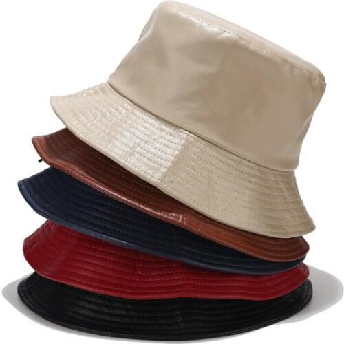 2021 Reversible Korean Black Leather Folding Womens Bucket Hat Women Bob Fishing Hats Fisherman Cap Men Gorros Hip Hop D127