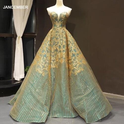 J66697 jancember prom dresses emerald green strapless floor length ball gown appliques evening dresses long платье на выпускной