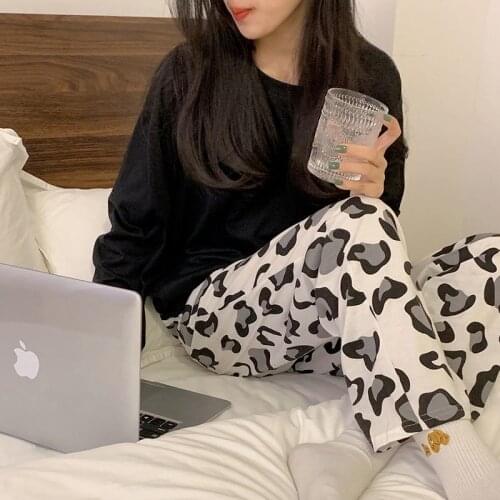 QWEEK Autumn Womens Clothing Solid Color Black Top Leopard Print Pants Pajamas Bedroom Set Girls Home Clothes Pijamas Pyjamas