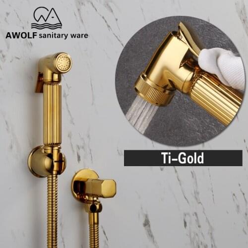 Hand Held Toilet Bidet Sprayer Shattaf Titanium Gold Solid Brass Douche Kit Bathroom Toilet Shower Set Cleaner Faucet AP2106