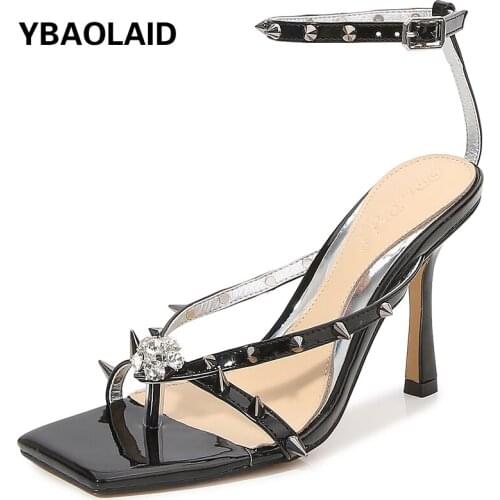 Fashion New Summer 2021 Open Toe Square Head Rivet Rhinestones Comfortable Slope with A Word Buckle Strap Stiletto Sandals