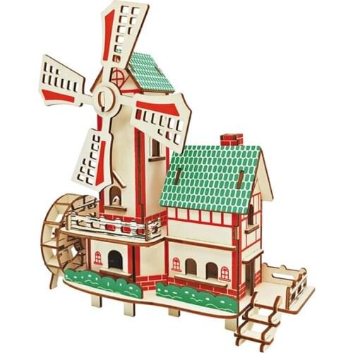 Lucky Windmill 3D Wooden Contruction Puzzle Building Model DIY House Puzzles Educational Toy Children Christmas Birthday Gifts