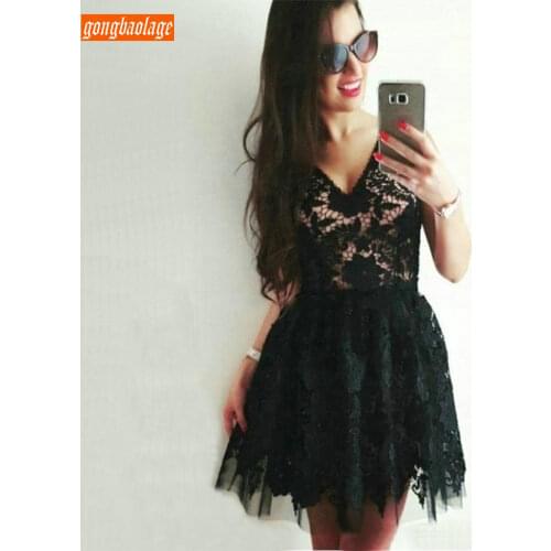 Sexy Black Lace Short Prom Dresses 2020 V Neck Ruched Tulle Knee Length Prom Gowns Custom Made vestidos de gala Graduation Dress