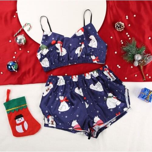 Silk Womens Pajama Sets Two Piece Cartoon Pattern Christmas Ladies Sleepwear Sexy Langerie V Neck Camis Split Shorts Home Suit