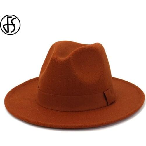 FS Unisex Wool Felt Jazz Fedora Hats For Women With Ribbon Buckle Men Wide Brim Panama Cap Gentleman Cowboy Hat Chapeau Femme