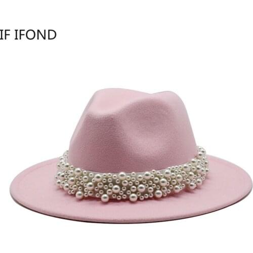 58-61CM Solid Color Wide Brim Panama Top Hat WIth Pearl ribbon Felt Fedoras Hat Trilby Formal Party Cap