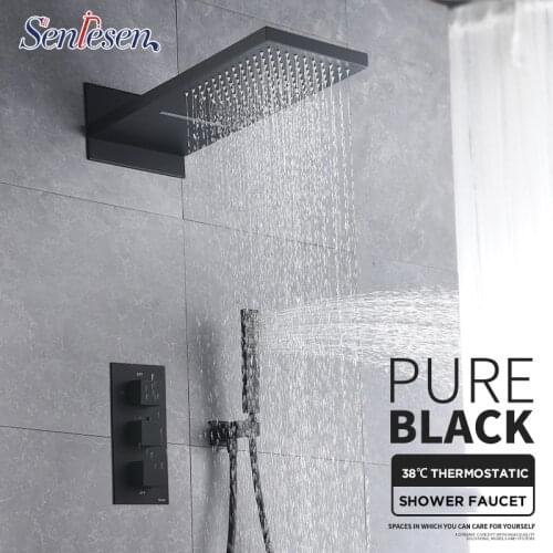 Senlesen Bathroom Shower Faucet Set Black 3-way Thermostatic Shower Faucet Rain Waterfall Shower Head Mixer Tap Bath