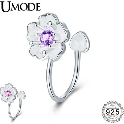 UMODE New 925 Sterling Silver Sakura Flower Clip Earrings for Women Pink Purple Zircon Diamond Jewelry Bijoux Femme ALE0608