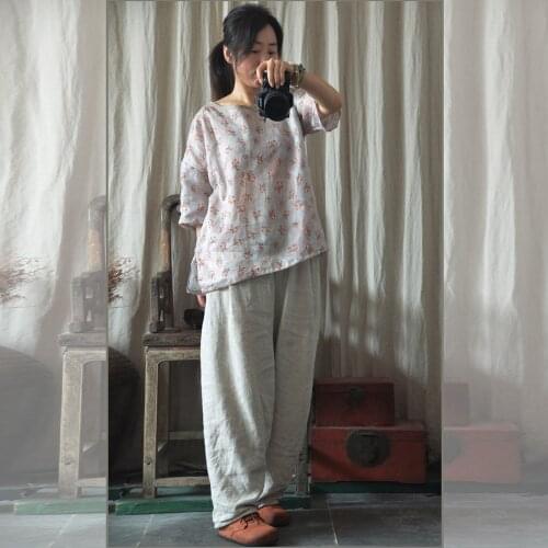 Women Ramie Three Quarter Sleeve Retro Blouse Shirts Tops Female Vintage Print Floral Shirt Ladies Summer Thin Shirt 2018 Summer