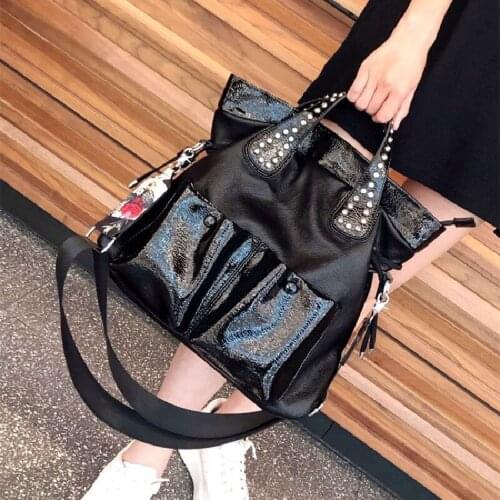 Women luxury high quality black split leather top-handle rivet handbag for female cool personality big large shoulder bag