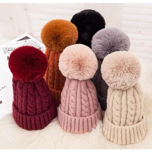 Pink Fur Pompom Wool Winter Hat for Women Girl Hat Knitted Striped Skullies Beanies Thick Warm Female faux Pom pom Hat for Lady