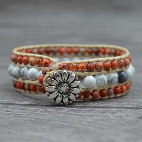 Colored Natural Stones Cuff Bangles Bracelets for Women Handmade Semi Precious Stone Women Beaded Cuff Bracelet on Wax Leather