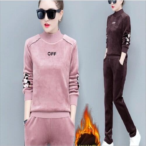 Womens Sports suit Autumn Winter new Style Velvet Sweater Loose Casual 2 piece Tide
