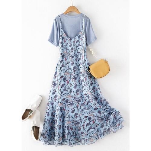 Floral Printed Women Dress Sets Summer New 2021 Blue T-Shirts And Knee-Length Slim Dresses Elegant Office Lady Clothing Suits