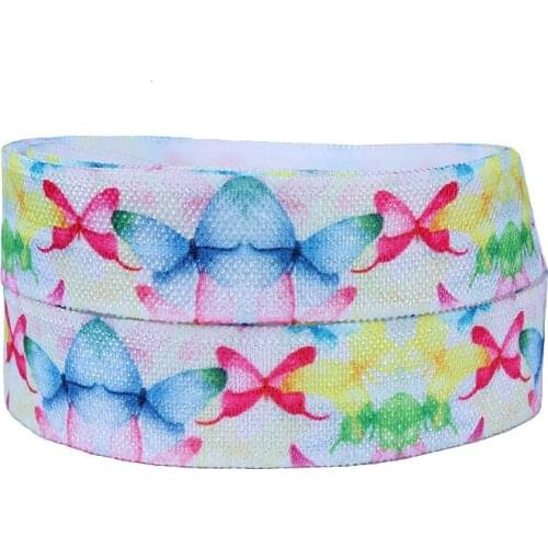 50 yards/lot) New arrival rainbow colors unicorn head and butterfly printed fold over elastic for girls hair accessories