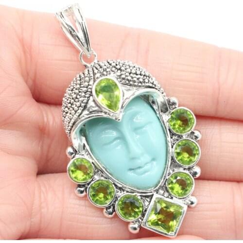 54x30mm Awesome 15g Persia Goddess Blue Turquoise Face Created Peridot Garnet Emerald For Women Gift Silver Pendant Eye Catching