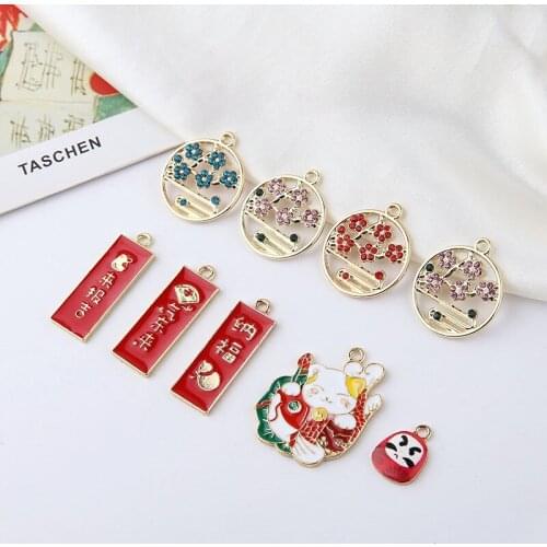 6pcs Chinese Style Cartoon Pendant Blessing Text Flowers Lucky Cat Earrings for Women Material Diy Ear Jewelry Accessories