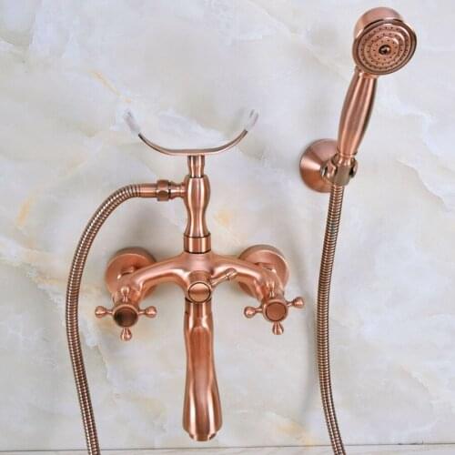 Antique Red Copper Brass Double Cross Handles Wall Mounted Bathroom Clawfoot Bathtub Tub Faucet Mixer Tap w/Hand Shower ana369