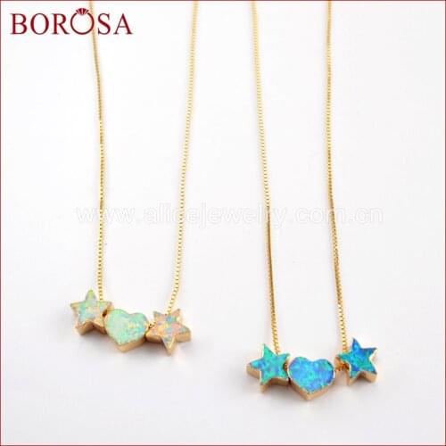 BOROSA 3pcs Fashion Opal Necklaces Heart & Double Stars Gold Color White/Blue Japanese Opal Beads Pendant Necklace G1574