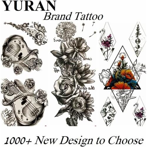 Black Guitar Music Spectrum Fake Temporary Tattoos Sticker Body Art Waterproof Paper Tattoo For Women Girls Flower Rose Tatoos