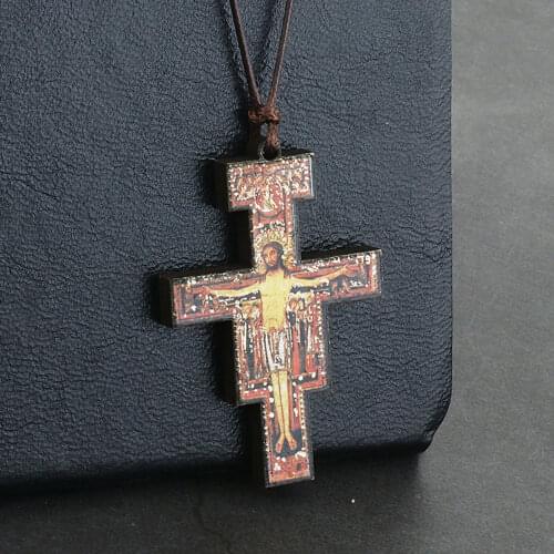 Wooden Orthodox San Damiano Crucifix Pendant Necklace Leather Rope Chain Cross Necklace for Men Women Church Prayer Jewelry Gift