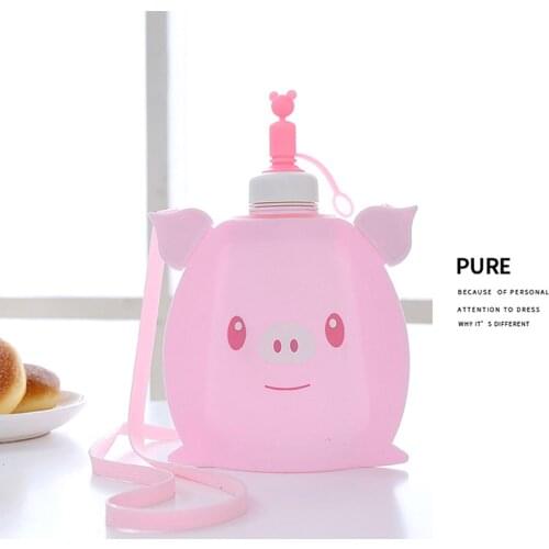 Children Water Bottle Silicone Pink Cartoon Piglet With Double Cover Strap Leak-Proof Foldable Sports Bottle Outdoor Travel