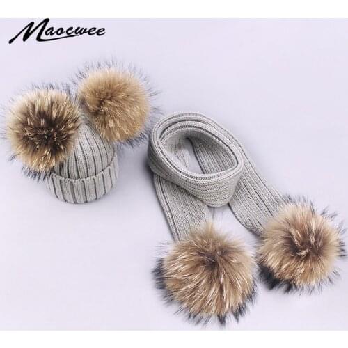 Children Pompon Beanie Hat Scarf Set Autumn Winter Outdoor Knitted Cotton Warm Real Raccoon Fur Pom-pom Caps Scarf 2 Piece Suit
