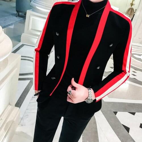 Red White Black Stripe Blazer Homme Slim Fit Mens Desinger Suit Jacket Men Veste Saco Blazer Hombre Korean MenWedding Dress 2020