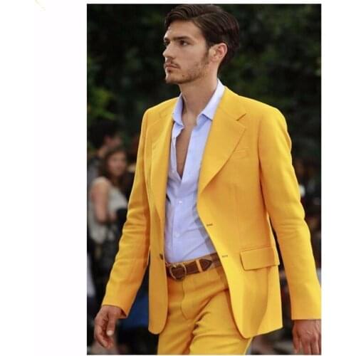 Summer Fashion Formal Yellow 2 Piece ( Coat+Pants) Terno Masculino Groom Wear Tuxedos For Wedding Chic Streetwear