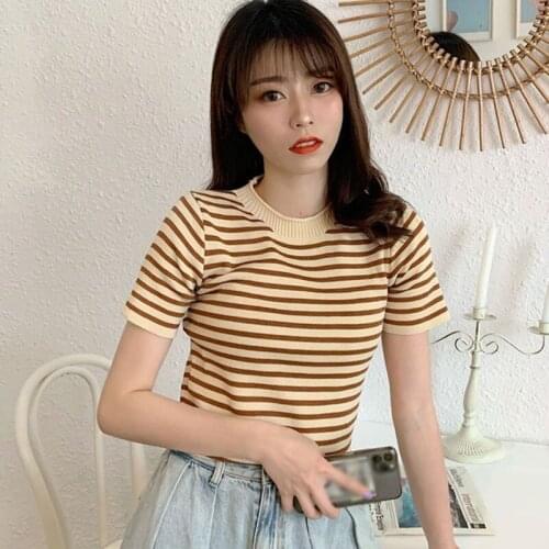 2021 Summer Female Kawaii Cute Sweet Slim Knitted Striped All-Match T-Shirt Womens Korean Style Casual O Neck Short Sleeve Tee
