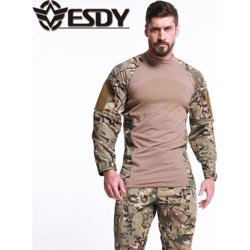 Mens Military Tactical Round Neck Tight Camouflage T-shirts Outdoor Camping Hiking Long Sleeve Quick Dry Frog Clothes Shirt