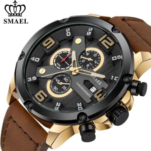 SMAEL Brand New Men Watch Chronograph Fashion Sport Quartz Watch Leather Waterproof Clock Mens Calendar Military Wrist Watches