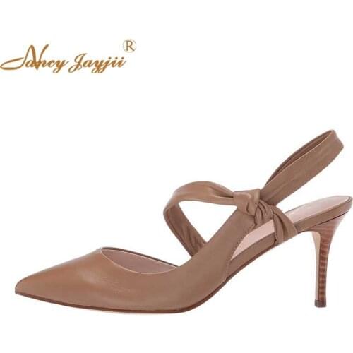 Nancyjayjii Solid Nude Khaki Black White Leather Wood Print Thin High Heels Slingbacks Pumps Butterfly Knot Elegant Women Shoes