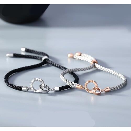 New double-ring couple bracelet sterling silver Korean version of niche interlocking woven hand rope a pair of simple commemorat