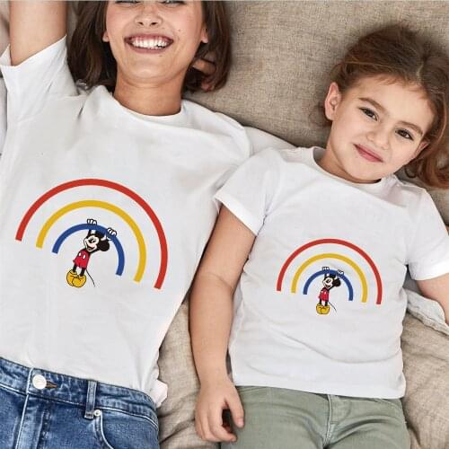 Family Matching Clothes Mother Father Daughter Son Kids Baby T-shirt Parent-Child Rainbow Mickey Print T-shirt Short Sleeve Tops