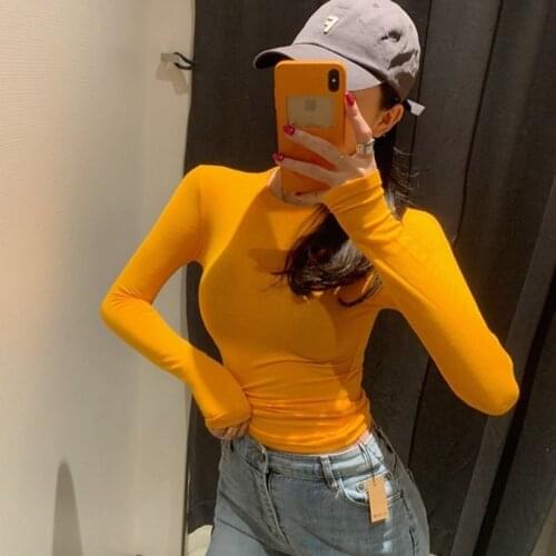 Pure color net red slim long sleeve T-shirt elastic Korean version versatile autumn new pure cotton bottom coat female