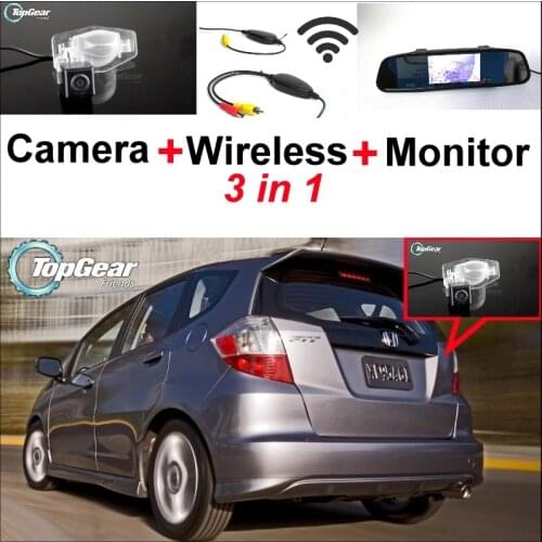 3 in1 Special Rear View Camera + Wireless Receiver + Mirror Monitor Esay DIY Back Up Parking System For Honda Fit 2002~2013