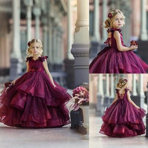 Sparkly Flower Girls Dresses Sequins O Neck Short Sleeve Tiered Ruffles Lace Girl Pageant Gowns Puffy Tutu Floor Length